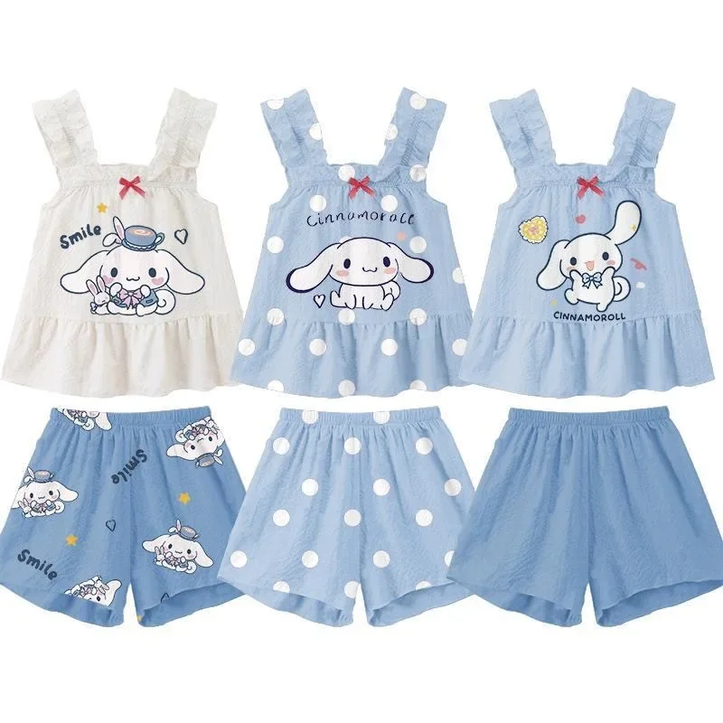 MINISO Sanrio Summer Baby Girl Clothes Set Cute Cartoon Sleeveless Tops + Shorts Suit Children Kid Casual Top Bottom Outfits