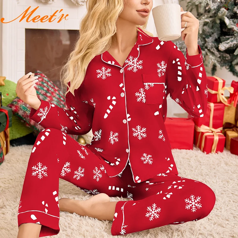 

Meet'r пижамы с принтом снежинки, новогодние рождественские длинные брюки с длинными рукавами, домашняя одежда, нижнее белье, женские удобные пижамы