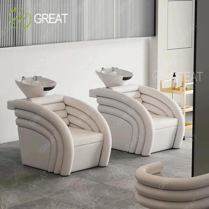 

Luxury Barber Shop Furniture White Leather Washing Bed Modern Beauty Salon Reclining Shampoo Chair