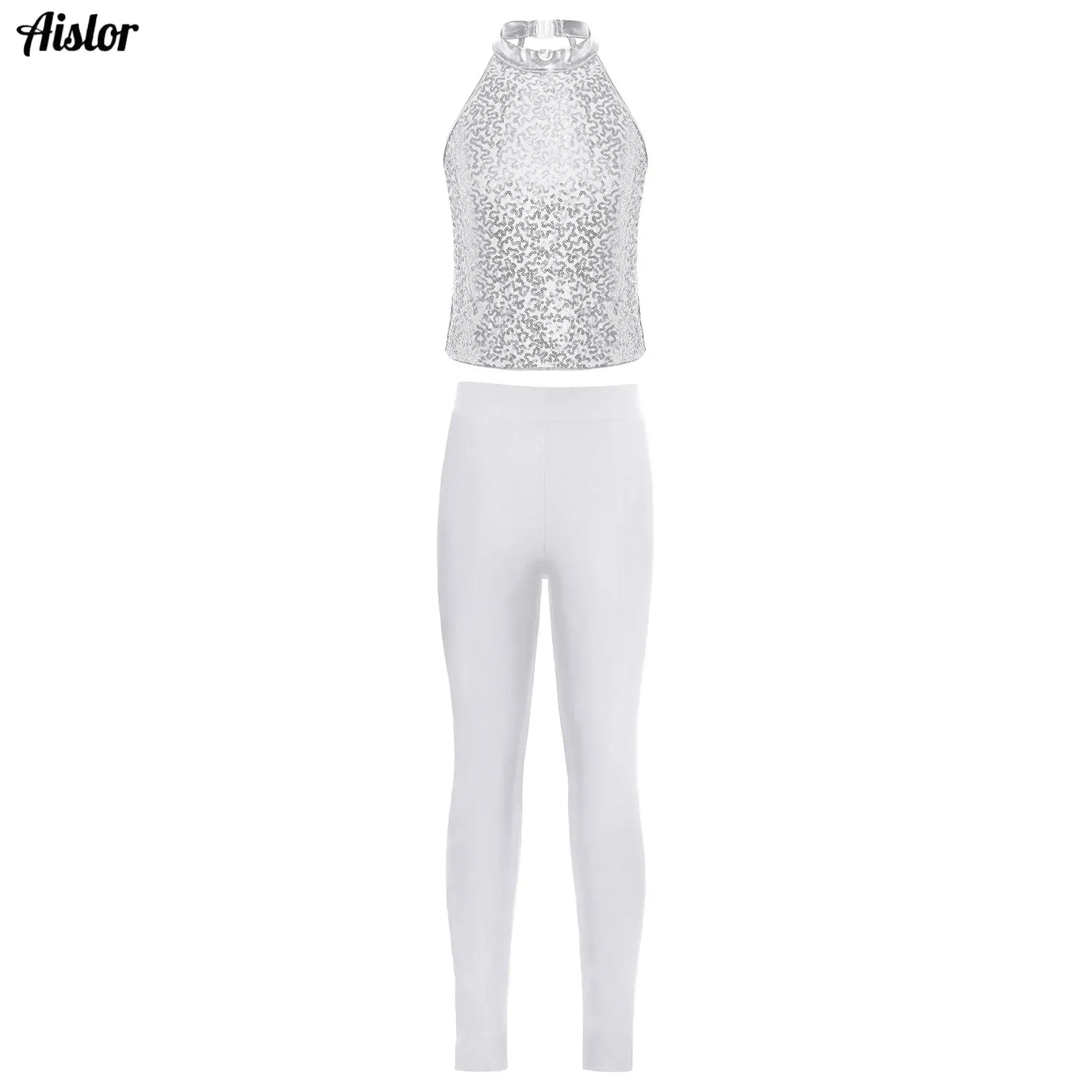 

Kids Girls Jazz Dance Costume Gymnastics Set Sleeveless Halter Backless Sparkling Sequin Tank Crop Top+Leggings Pants 2Pcs/Set