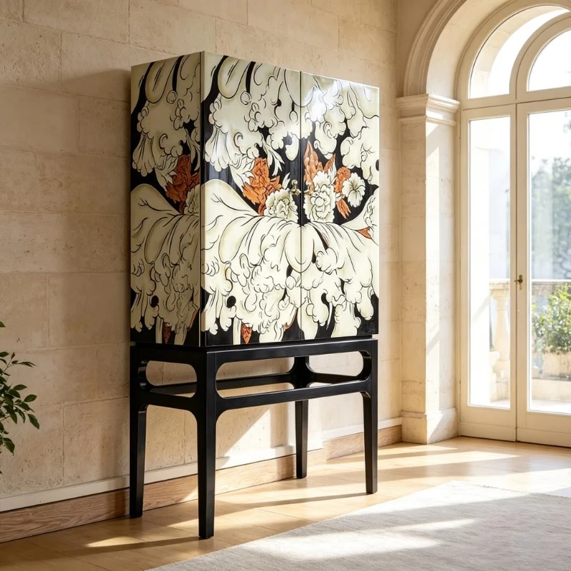 Floral pattern high gloss surface two door display locker suitable for villa entrance living room