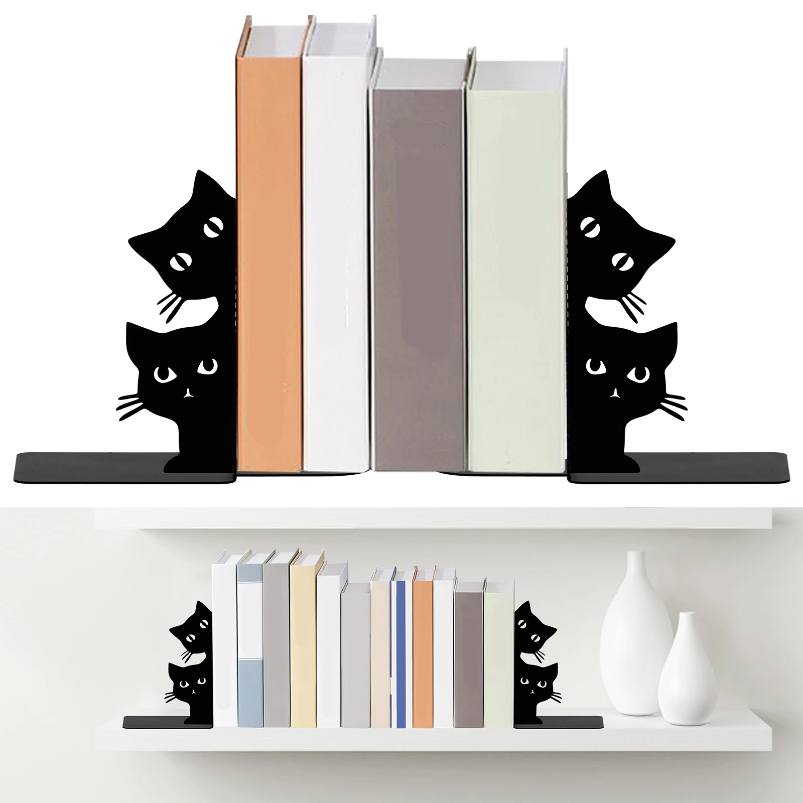 

Cute Cat Metal Bookends Peeping Cat Book Ends for Shelves Bookshelf Decorative Home Office Desk Bookshelf Decor Black Bookends