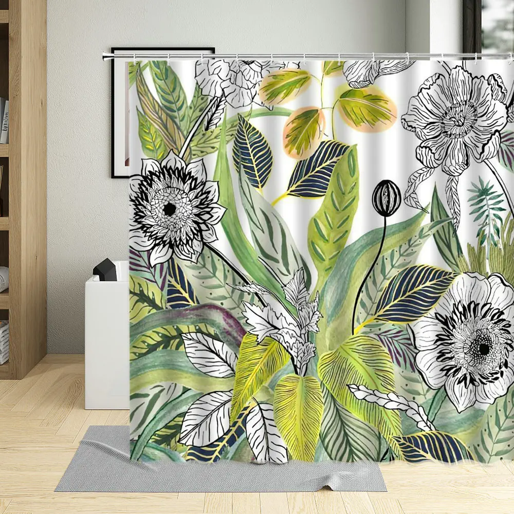 Green Plant Shower Curtain Hooks Flower Leaves Sunflower Watercolor Printing Wall Cloth Bathroom Bathtub Polyester Curtains Sets