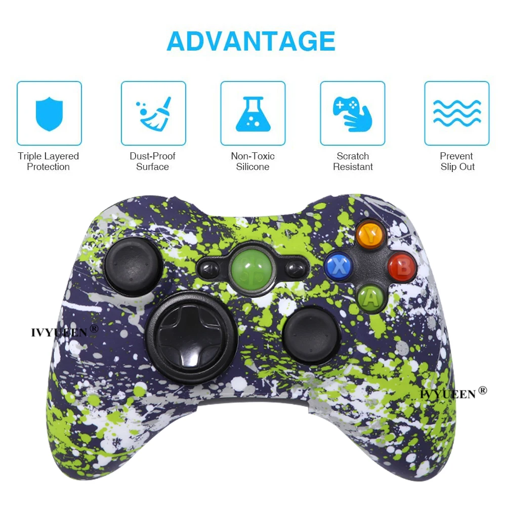 Ivyueen 10 pçs silicone pele protetora para microsoft xbox 360 caso controlador de impressão capa gel caps acessórios polegar apertos