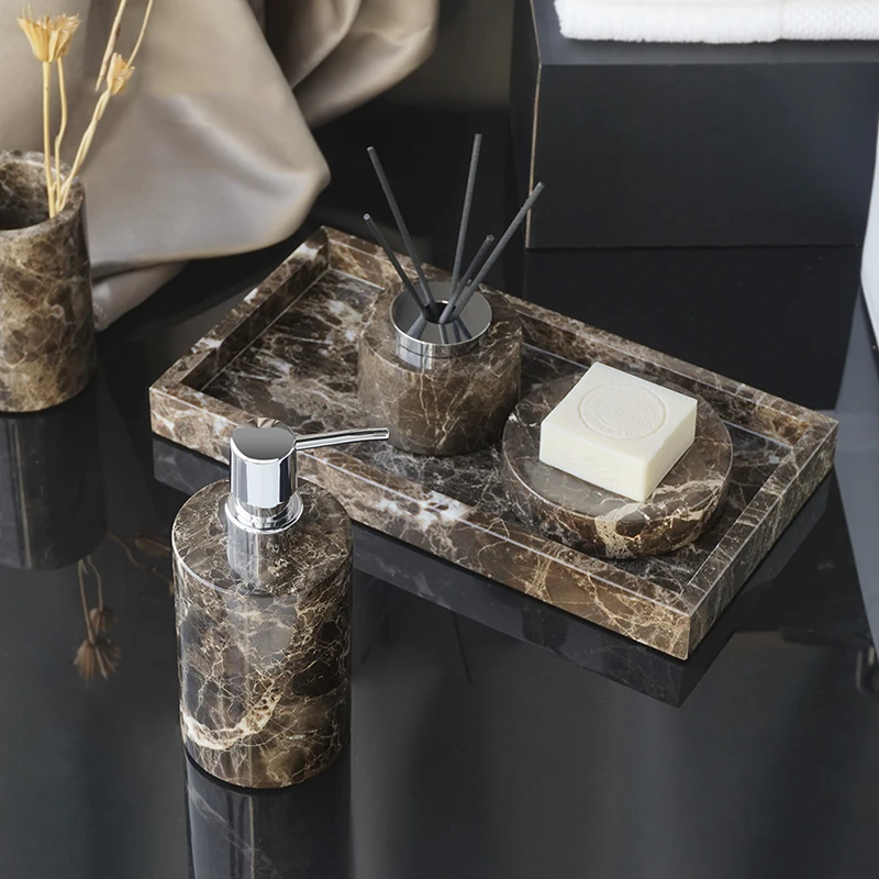 Emperador Dark Natural Marble Bathroom Accessories Sets Luxury Soap Dispenser Cotton Swabs Jar Vanity Tray Set for Bathroom