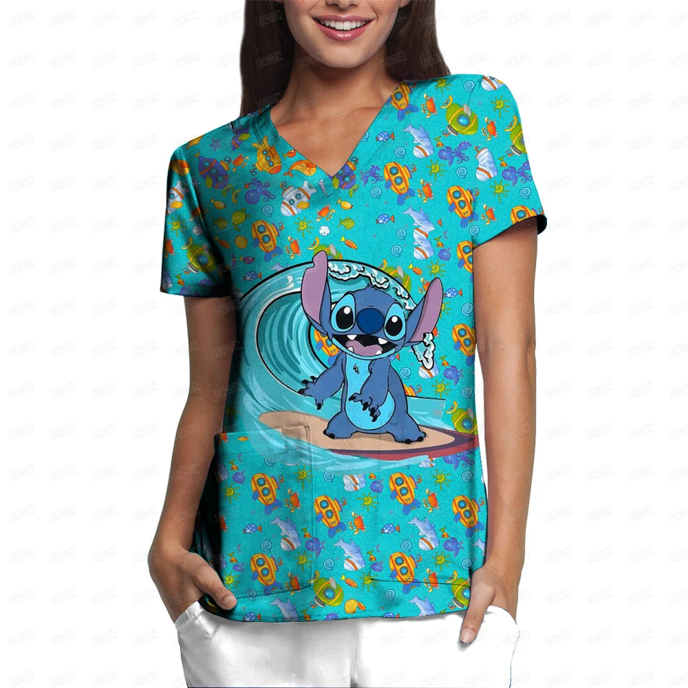 Women Nurse Uniform Disney Stitch print V-Neck Pocket Medical Uniforms Cartoon Nursing Scrubs Tops Workear Uniforme enfermera