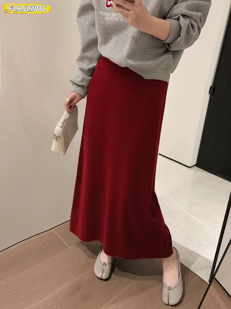 New Year Christmas Winter Girls All-Match Outfits Vintage French Style Red Knitted Wool Blend Midi Pencil Skirt