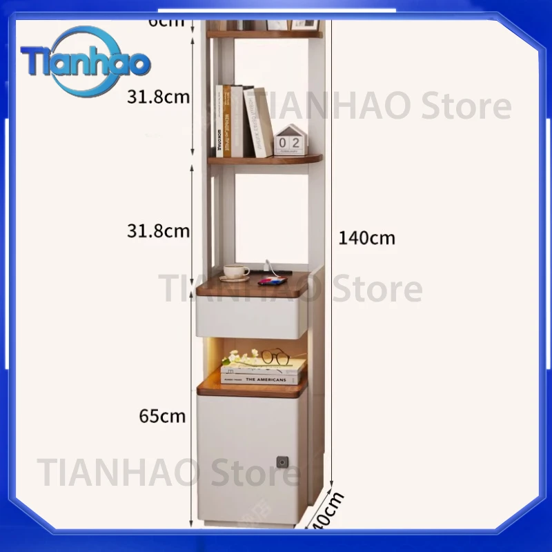 Smart Bedside Table with Solid Wood Bookshelf Integrated Narrow Sandwich Cabinet for Home Bedroom with Fingerprint Lock Small
