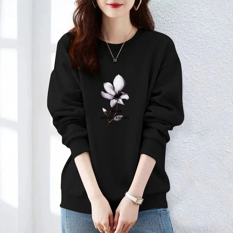 Autumn and Winter Women\'s Crew Neck Long Sleeves Printing Loose Pullovers Korean Hoodies Fashion Classic Casual All Match Tops