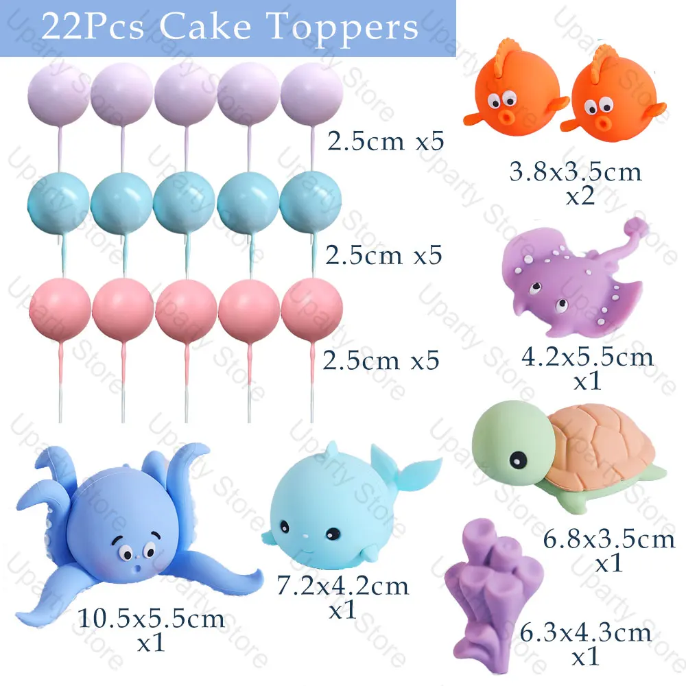 22Pcs Sea Animals Cake Toppers Pink Blue Balls Cute Fish Turtle Whale Octopus Cake Stands for Under the Sea Birthday Cake Decor