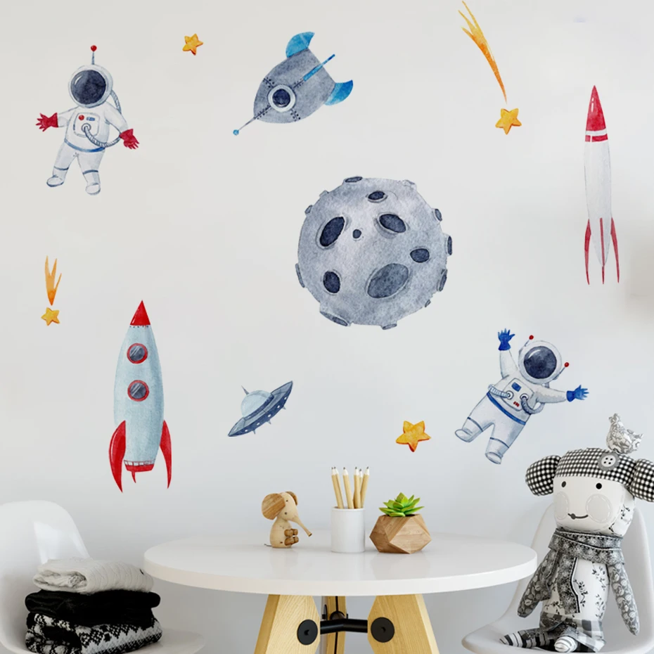 Astronaut Rocket Moon Wall Stickers For Kids Room Home Decoration Diy Mural Art Boys Decals Cosmonauts Space Man Wall Decor