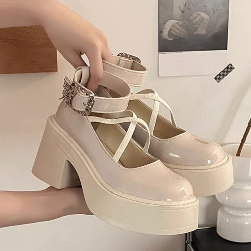 Women's Shoes 2024 Fashion Buckle Women's Pumps Autumn Mary Jane Round Toe Shallow Solid Dress Platform Chunky Heels Shoes