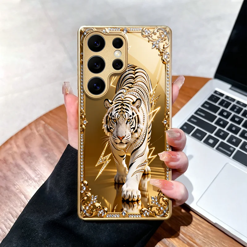Shining Beast Gold Tiger Pattern Glass Phone Case Suitable for Samsung Galaxy S26 S25 S24 S22 S21 S20 FE/Ultra/Plus Anti Drop