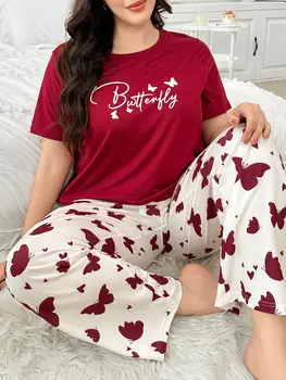 Large Size Women's Print Sleepwear Set Comfortable Nightgown with Pants Home Clothes for Relaxing at Home