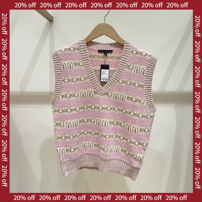 

M Home 2024 Autumn Commuter Pink Letter Stripe Svel Knitted Vest Versatile Workwear Regular Length Fiber Material