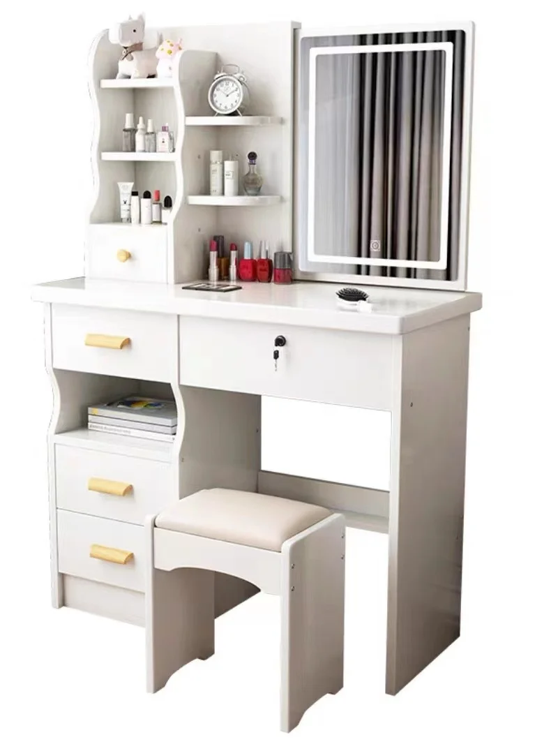 #Modern Simple Luxury Girls Dressing Table with Lighted Integrated Wood Mirror Storage Cabinet for Small Bedroom Living Room Use