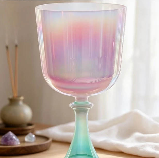 Raphael Green Mirror Gradient Chalice Singing Bowl Handheld StemmedQuartz Instrument for Throat Chakra Sound Therapy