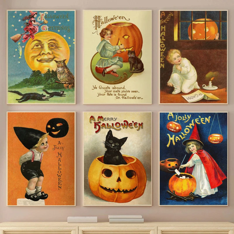 

Retro Cartoon Abstract Scary Halloween Witch Pumpkin Posters Canvas Painting Prints Art Pictures Room Home Wall Decoration Gift