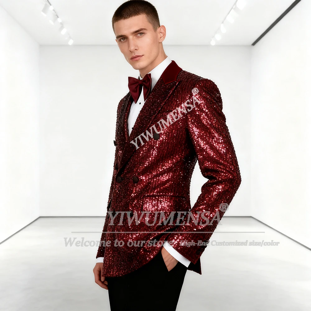 

Sparkling Sequins Suits Men 2 Pieces Sets Double Breasted Jacket Pants Customized Man Daily Business Tuxedos Outfits Ropa Hombre
