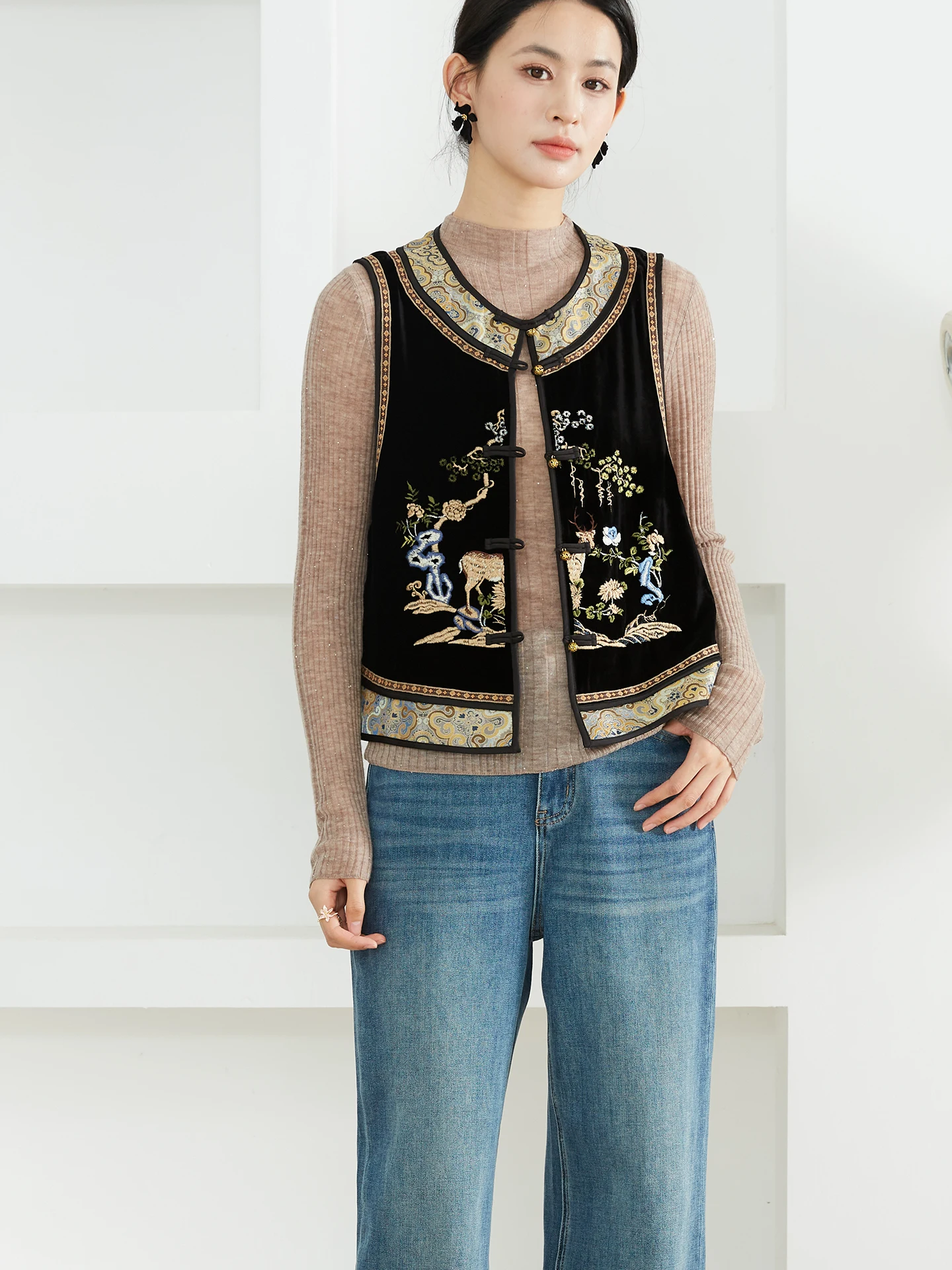 

Тяжелый шелковый бархатный лоскутный жакет с вышивкой, женский традиционный жилет из натурального шелка, оригинальный дизайн, круглая пуговица Ne k