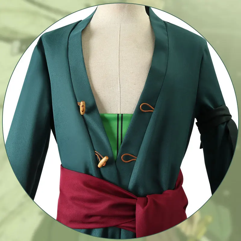 Roronoa Zoro Anime Fantasia de Cosplay Masculina, Manto Verde One Piece, Peruca com Brincos, Conjunto Completo, Halloween, Roupas de Festa de Natal