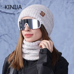 2ps Winter Knitted Hat Scarf Set for Women Cold Proof Ear Protection Scarf Warm Skullies Beanie Windproof Outdoor Cycling Skiing