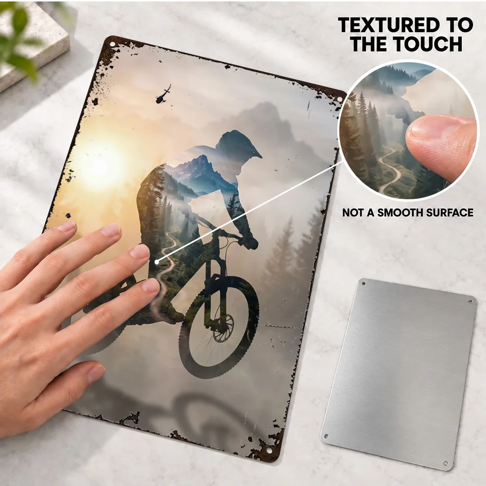 Double Exposure Mountain Biker Silhouette Sport Textured Metal Poster Personalized Aluminum Sign Modern Wall Art For Home Gym