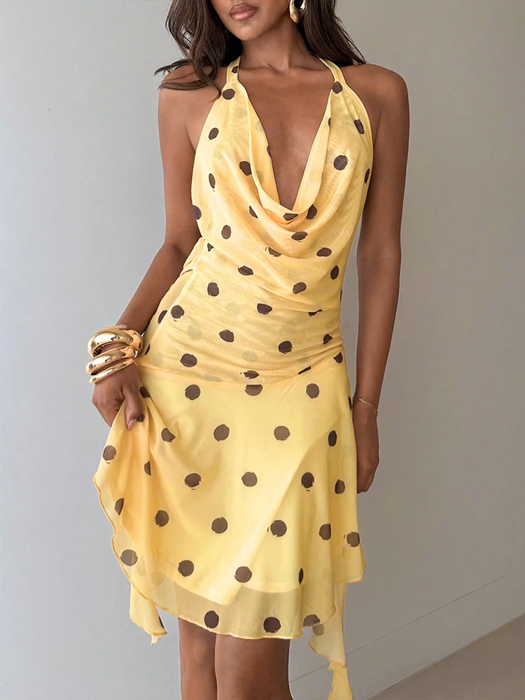 Robe Courte Vintage Streetwear Chic à Pois avec Fente Latérale et Ourlet Volanté pour Femme, Col Halter Mini-Robe Fluide