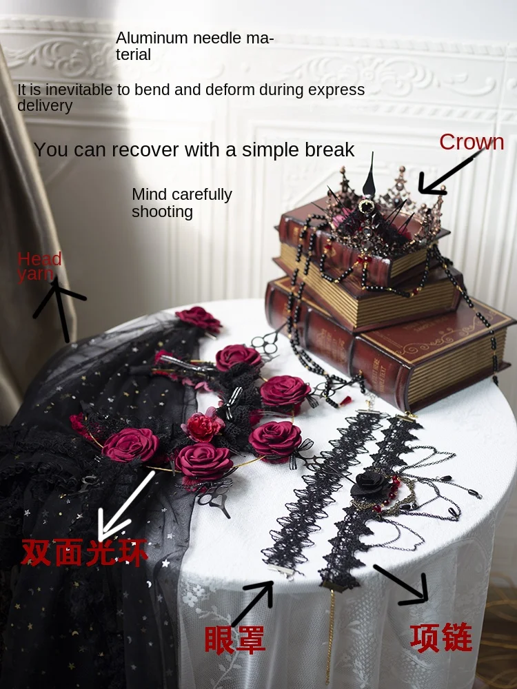 Crown Headdress Women's Black Red Pearl Chain Metal Rhinestone Flower Accessories LaceMask ExquisiteNecklace Pendant Party Props