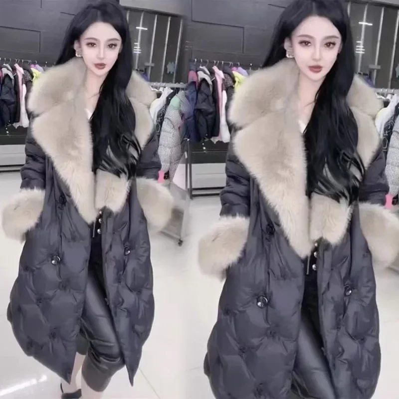 Korean White Duck Down Big faux Fur Collar Down Jacket Female 2023 Winter New Long Thick Warm Fashionable Black Coats Women