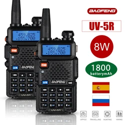 Baofeng-Walkie Talkies portáteis de longo alcance para caça, rádio bidirecional, banda dupla, banda dupla, 10km de alta potência, 8W, 128CH, 1800mAh, UV-5R, 2pcs