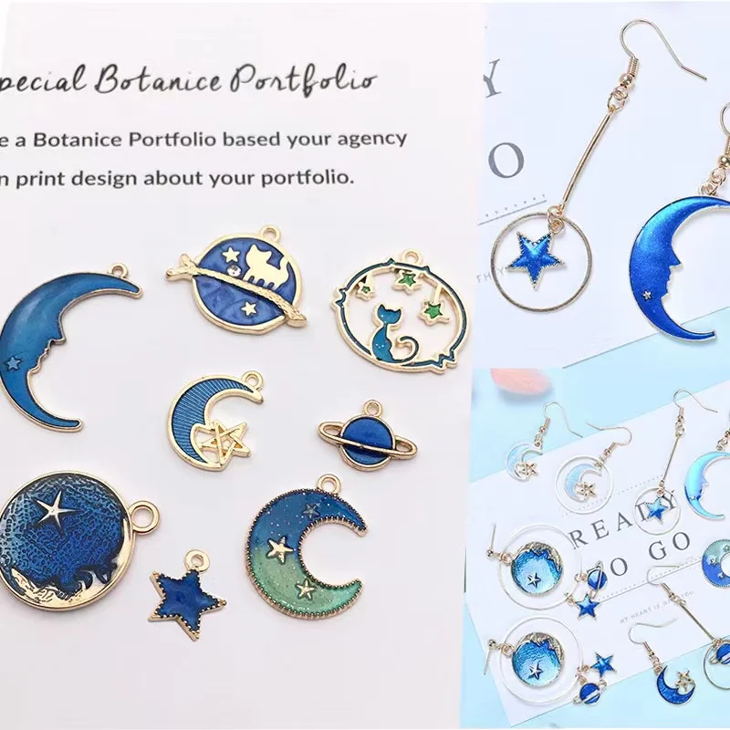 

8pcs/Lot Dropping Oil Alloy Star Moon Globe Pendant Bracelet Head Rope Pendant Earrings Earrings DIY Jewelry Accessories