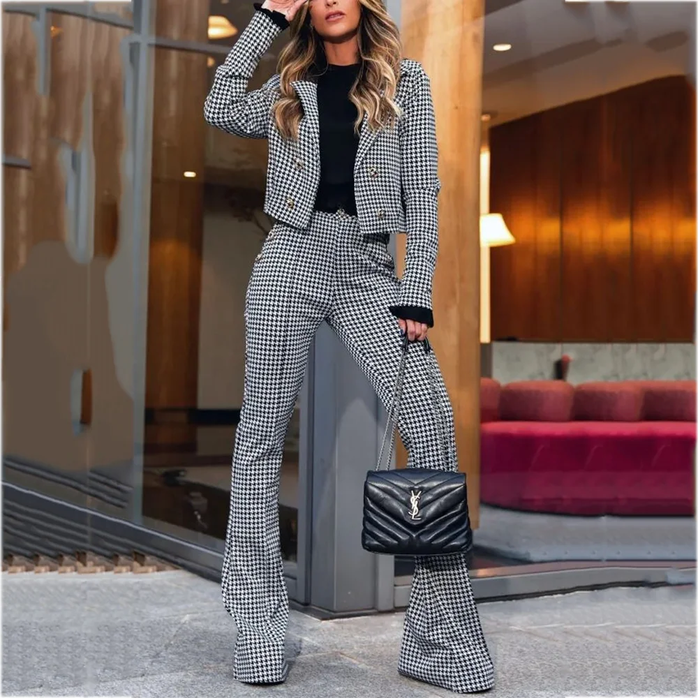Elegant Peak Lapel Lady Set Chic Houndstooth Straight Double Breasted 2 Pieces High Quality Daily Office Smart Casual Women Suit