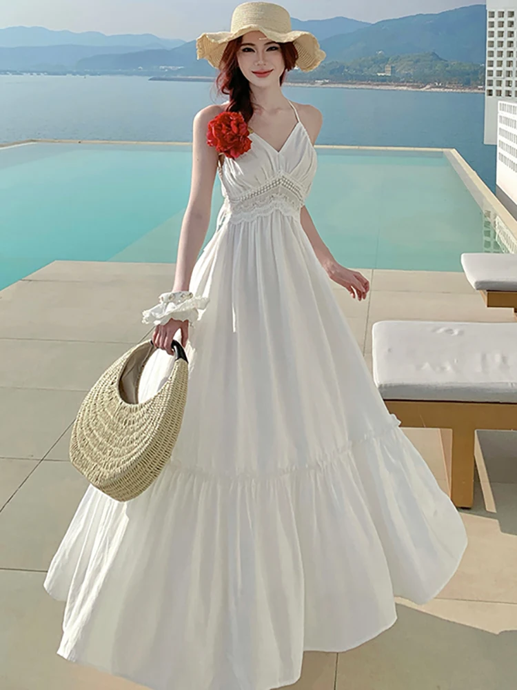 Weißes Patchwork-Spitzen-Jacquard-Kleid mit schickem Halsausschnitt für Damen, elegantes rückenfreies sexy Sommerkleid 2026, koreanisches Luxus-Abendkleid