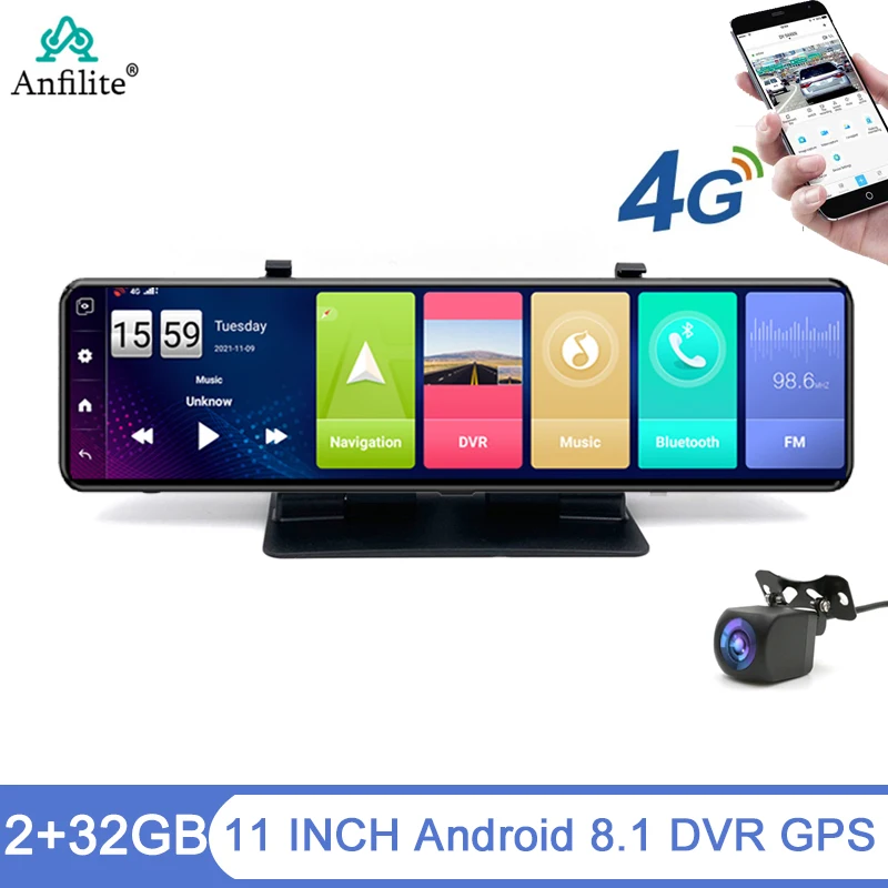 11 Inch Triple Screen 4G Car DVR Android Dash Camera 2+32GB GPS Navigation Rearview Mirror Dual lens Auto Recorder WiFi Dash Cam