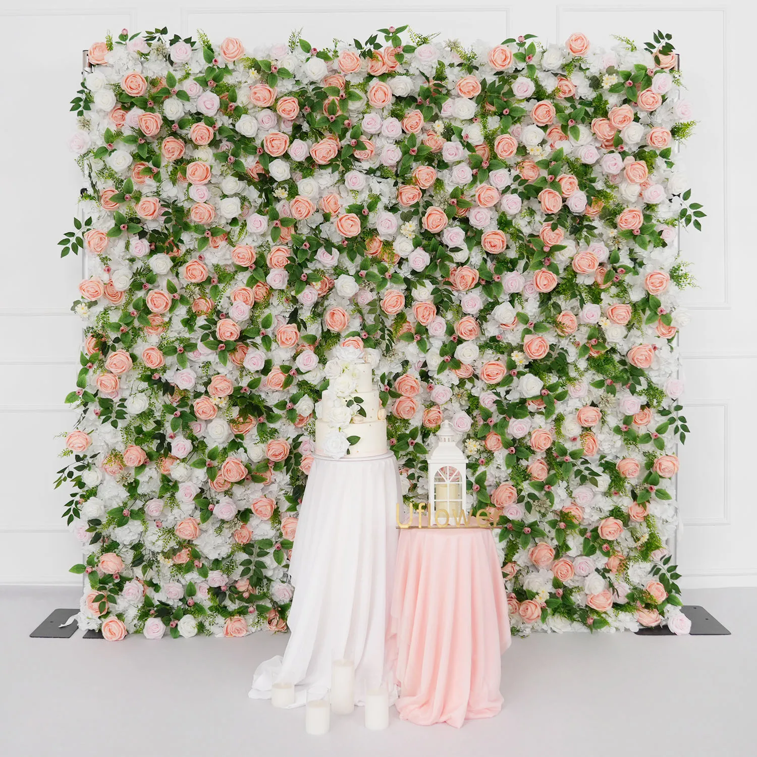 

Uflower Pink Rose Green Leaf 5D Cloth Flower Wall Wedding Backdrop Decoration Fabric Hanging Curtain Floral Party Event Props