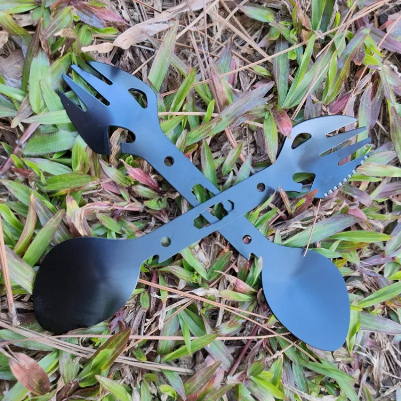 Ao ar livre de aço inoxidável multi-funcional garfo colher talheres combinação abridor de garrafa arpão acampamento equipamentos sobrevivência edc