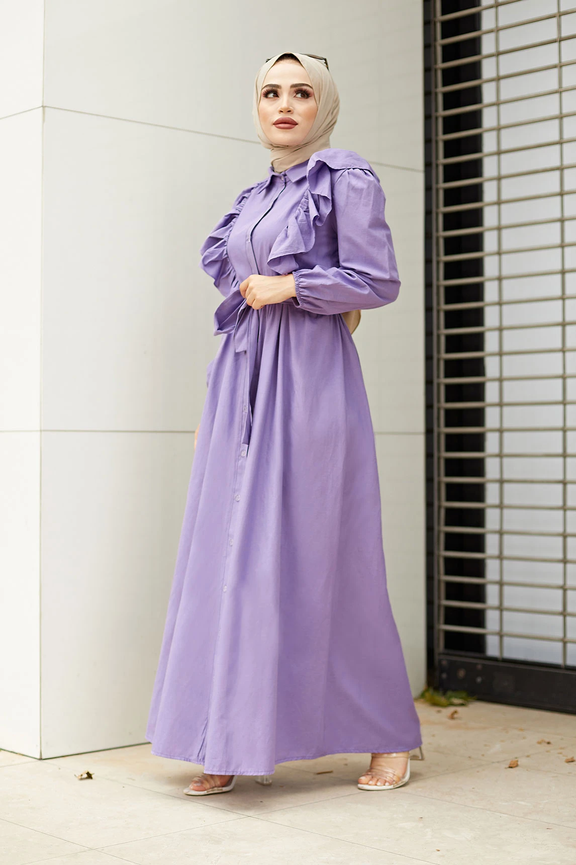 Frilly Through-hole Button Dress KPS-Lavender Winter Autumn 2021 Muslim Women Hijab headscarf Islamic Turkey