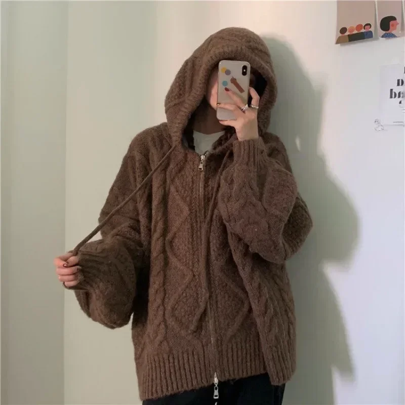 Korean Vintage Women Knitted Cardigan Autumn Winter Hooded Twist Sweater Woman Long Sleeve Zipper Crochet Outerwear Y2k