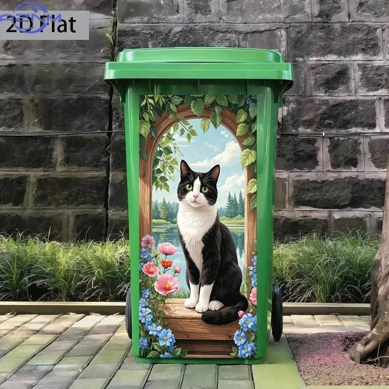 Printing]Trash Can Sticker 37 X 82 Cm Flower Cat on Window Sill, Decorative Wall Paper Self-Adhesive Kitchen Trash Can Decorat