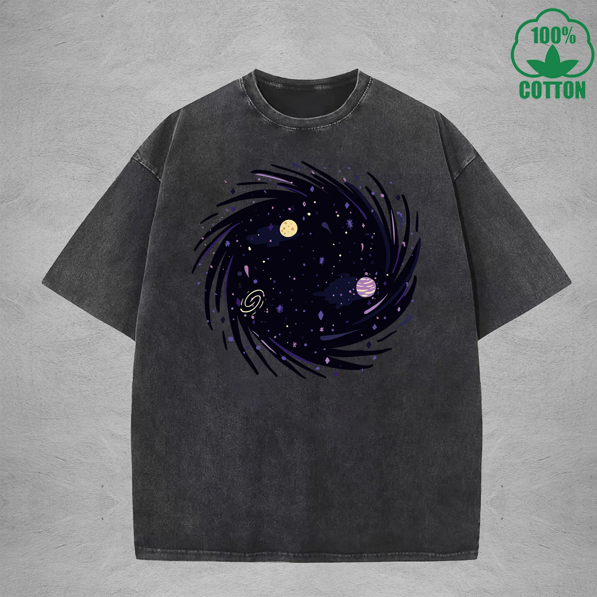 

Mysterious Black Hole Printed Multicolor Washed T-Shirt 230G Loose Trendy Fashionable Cotton Short Sleeve Top