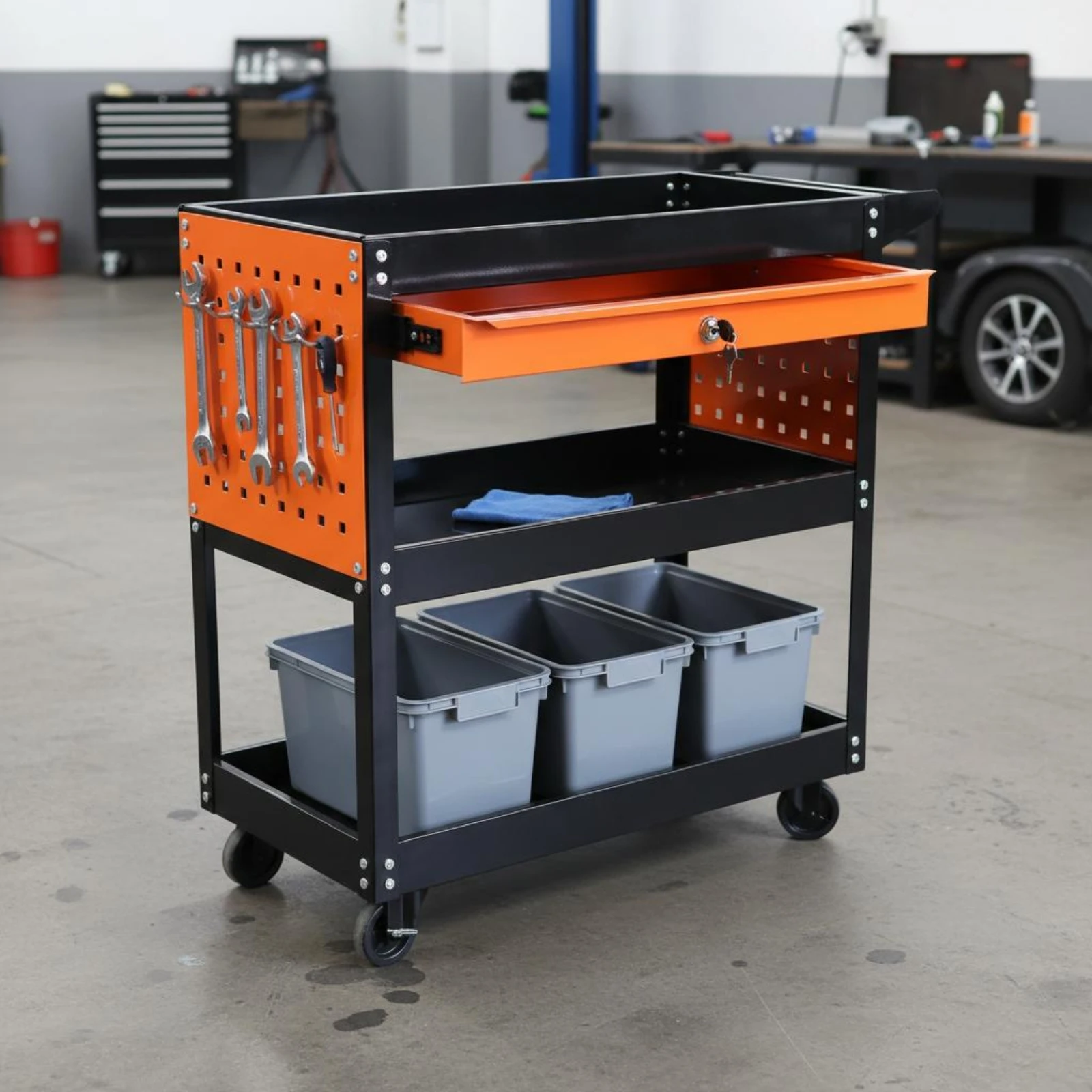 Tool Trolley with Drawer Perforated Panels Drawer Tool Trolley Utility Trolley Three-Level Caster Wheels