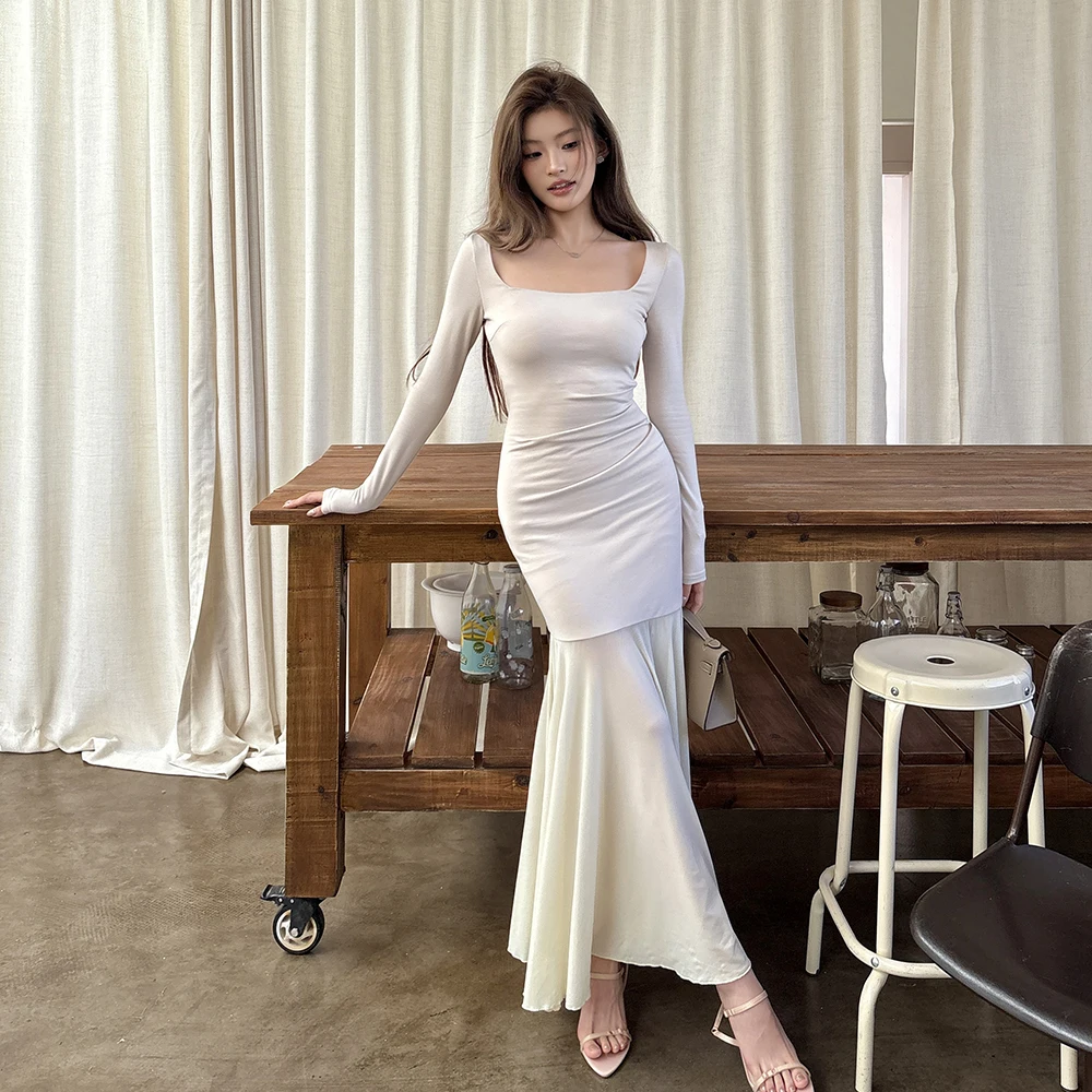 جديد 2025 الخريف الفرنسية الربط حورية البحر فساتين طويلة السيدات أنيقة طويلة الأكمام حفلة عادية موضة فستان الحفلات ملابس امرأة