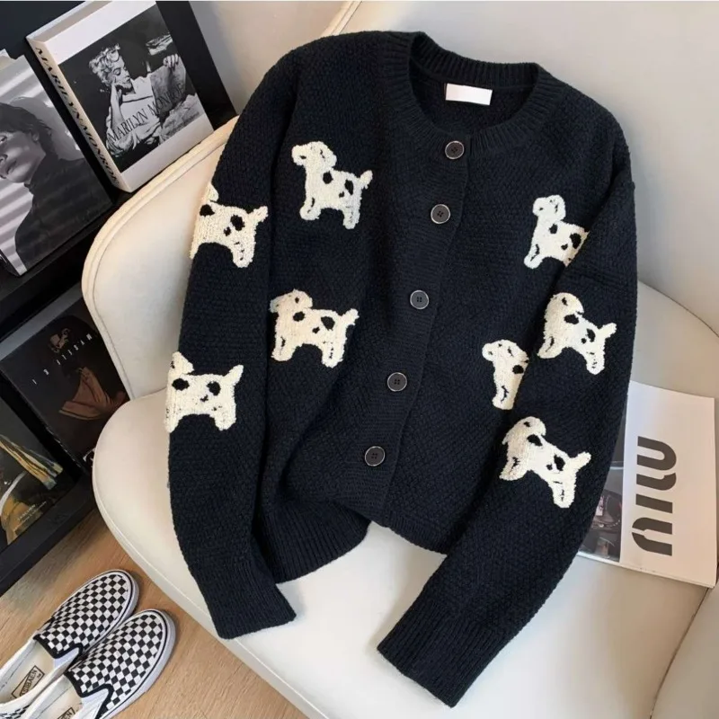 Soft Puppy Jacquard Crew Neck Knitted Cardigan Autumn 2024 New Lazy Style Temperament Sweet Versatile Casual Long-sleeved Top