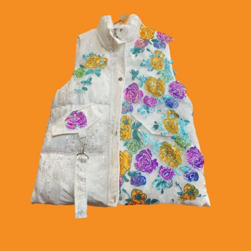 

Heavy Industry Flower Diamond Decoration Down Vest Women's Trendy Personality Design Winter New Thick Cotton Coat