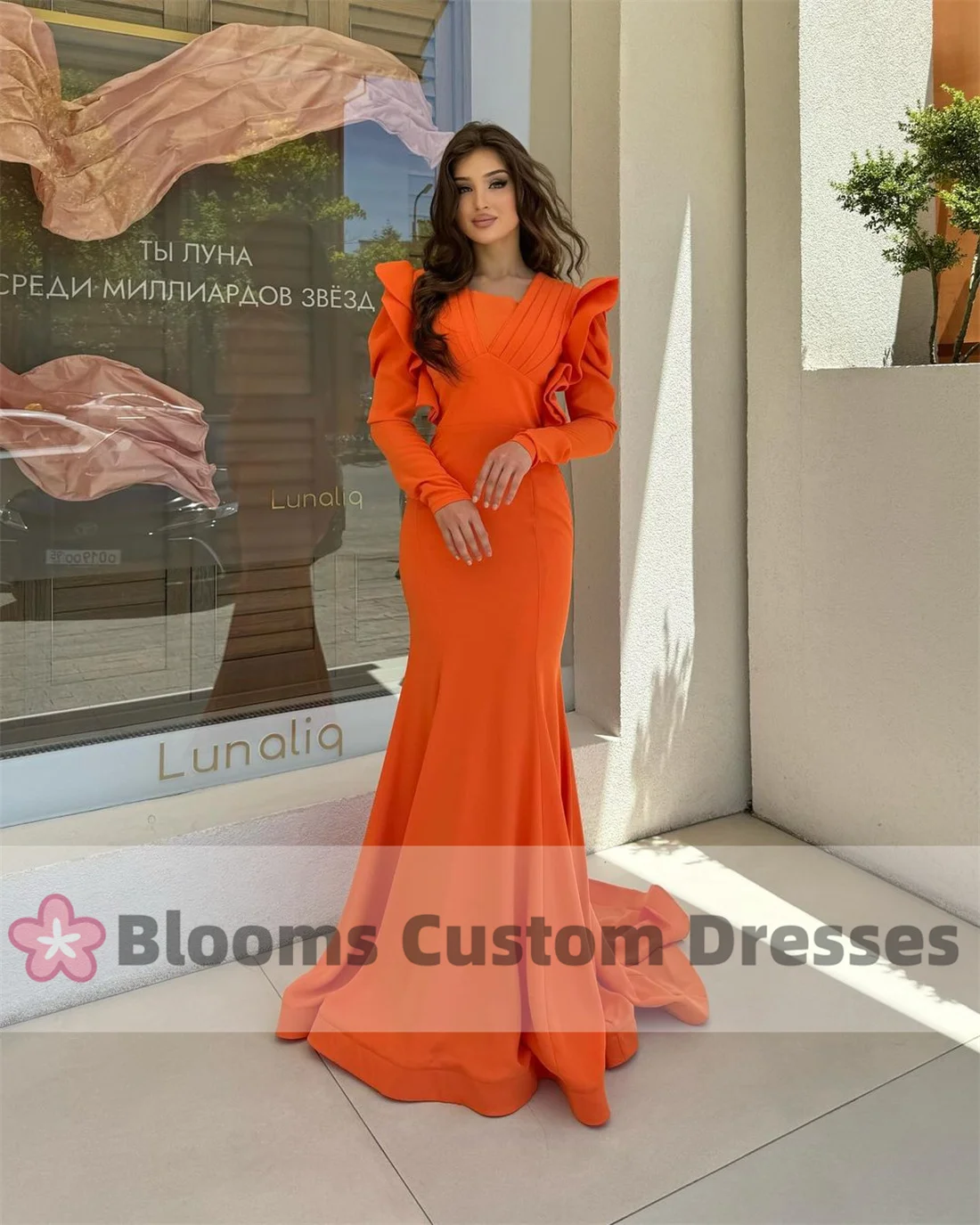 Customized Elegant Women\'s Mermaid Orange Prom Dresses Pleated Long Sleeves Party Evening Dresses Floor Length Special Occasion