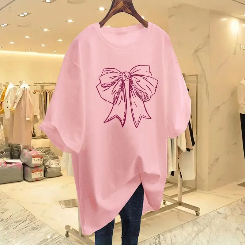 

Women Clothing Basics Pullover Summer Loose Crew Neck Pure Cotton Tee Shirt Lady Lifelike Bow Printed Short Sleeve Tops