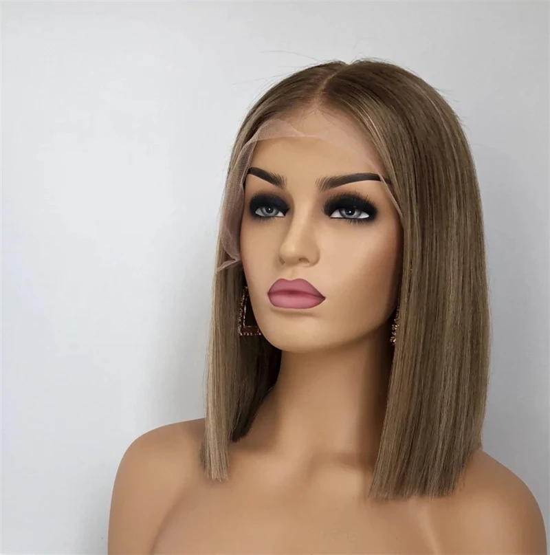 Short Bob Ash Blonde Lace Frontal Wig 100% Human Hair Brown Highlight 13x4 Straight HD Lace Front Human Hair Wigs For Women