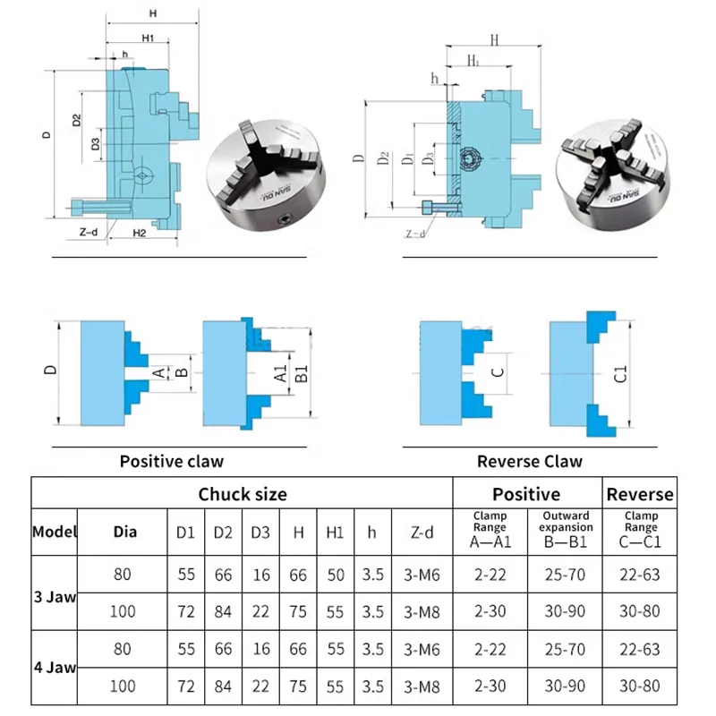 3 Jaw Chuck 100mm 80mm 4 Jaw Chuck for Mini CNC Router Woodwork Laser Marking Machine Rotary Axis Bead Machine