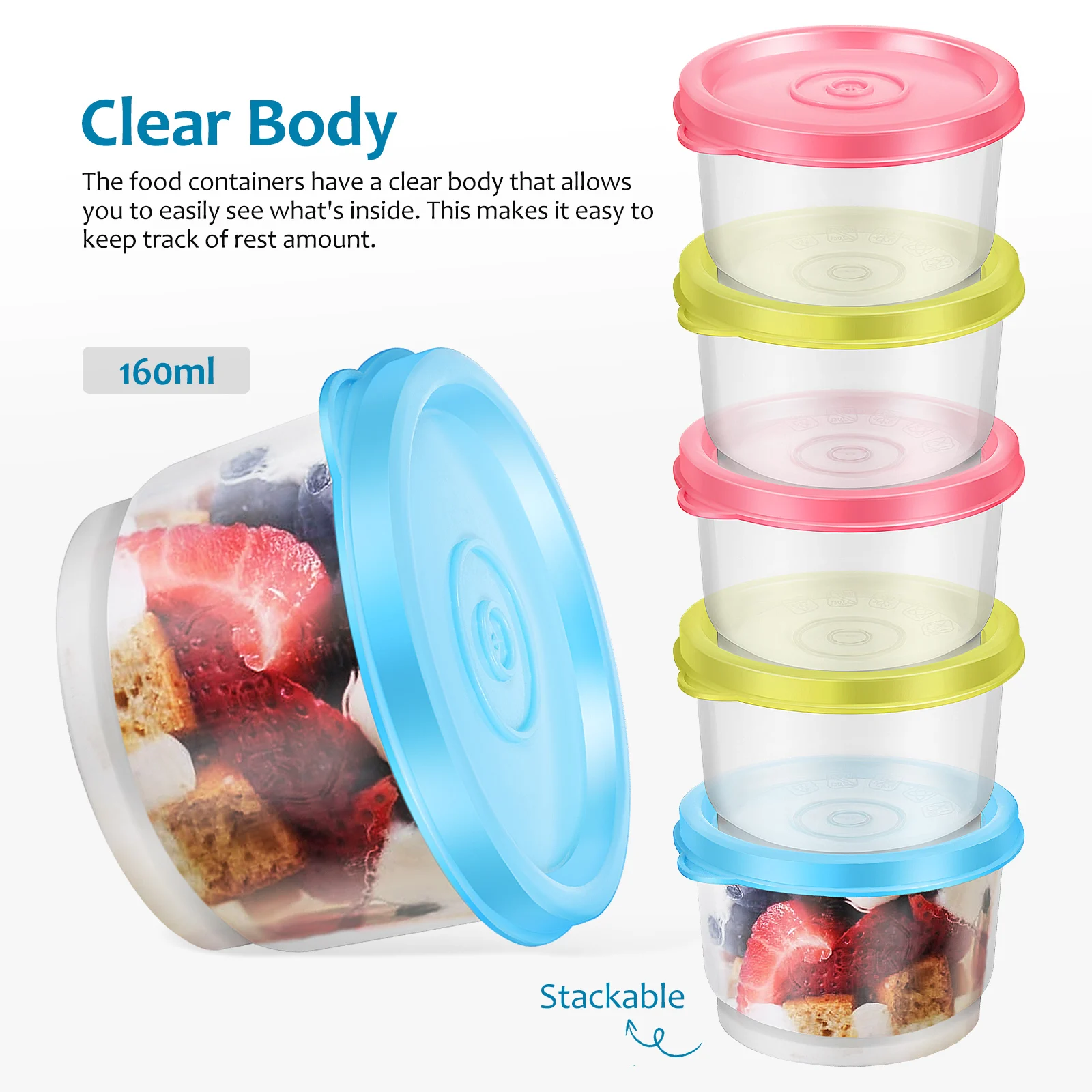 

6 Pcs 160ML Food Containers Small Snack Boxes Portable Preservation Sealed Lids Clear Body Fridge Organizers Mixed Colors